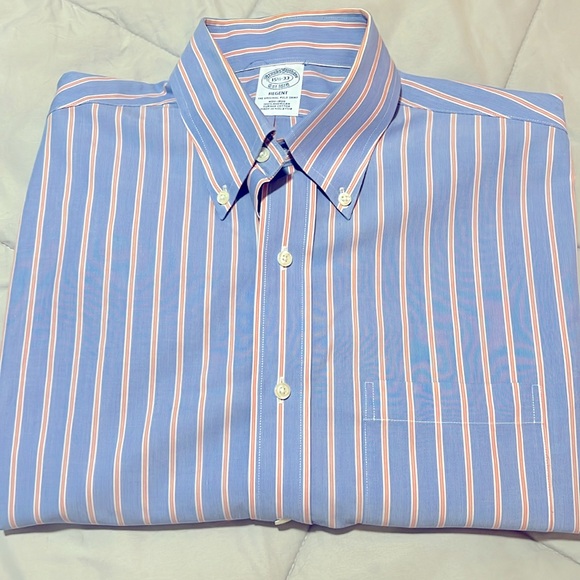BROOKS BROTHERS BLUE /ORANGE STRIPED PREMIUM COTTON DRESS SHIRT NWOT - Picture 8 of 8